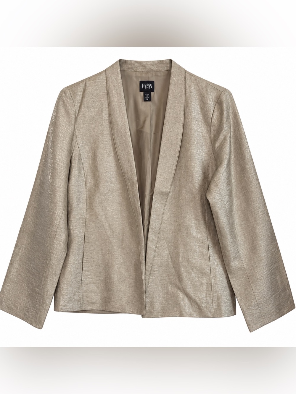 Eileen Fisher Metallic Linen Silk Open Front Blazer Jacket M Italian Fabric